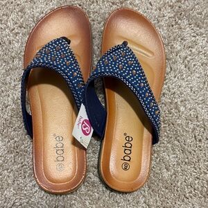 Navy and Tan Embellished Thong Sandals